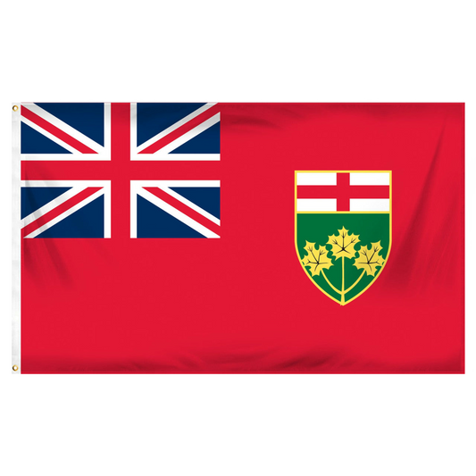 Ontario flag with Union Jack and Ontario provincial coat of arms on a red background