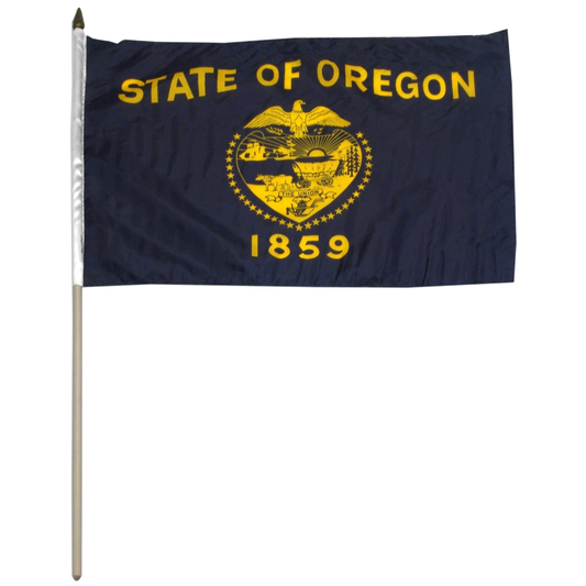 Stick flag of the State of Oregon with yellow text and emblem on a blue background