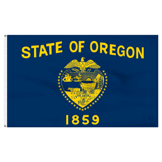 Flag of the State of Oregon with yellow text and emblem on a blue background