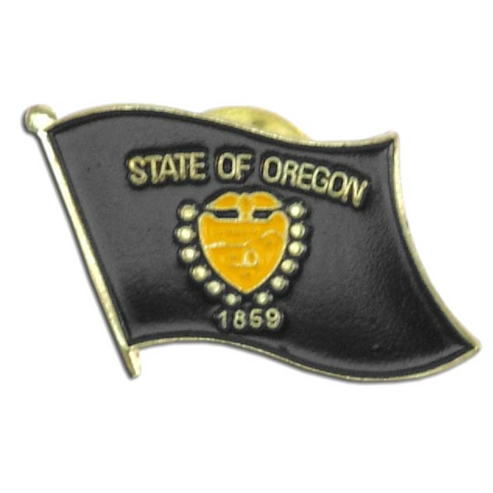 Pin with 'State of Oregon' text and a yellow emblem on a black background