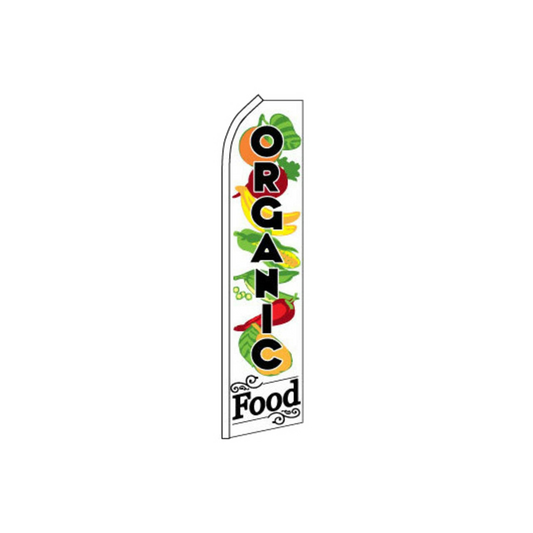 Swooper flag with 'Organic Food' text and vegetables on a white background