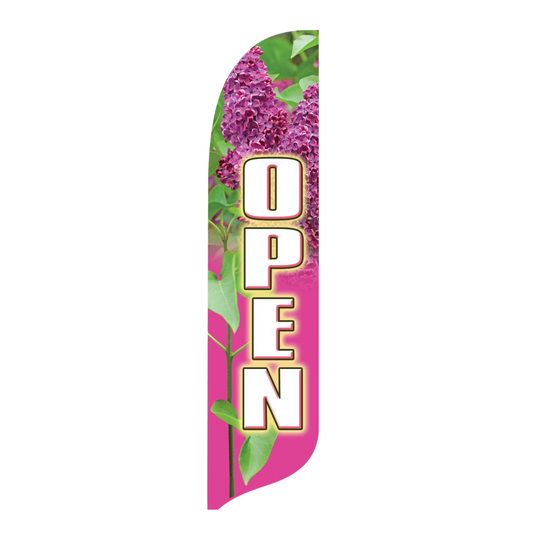 Floral-themed 'Open' swooper flag with pink background