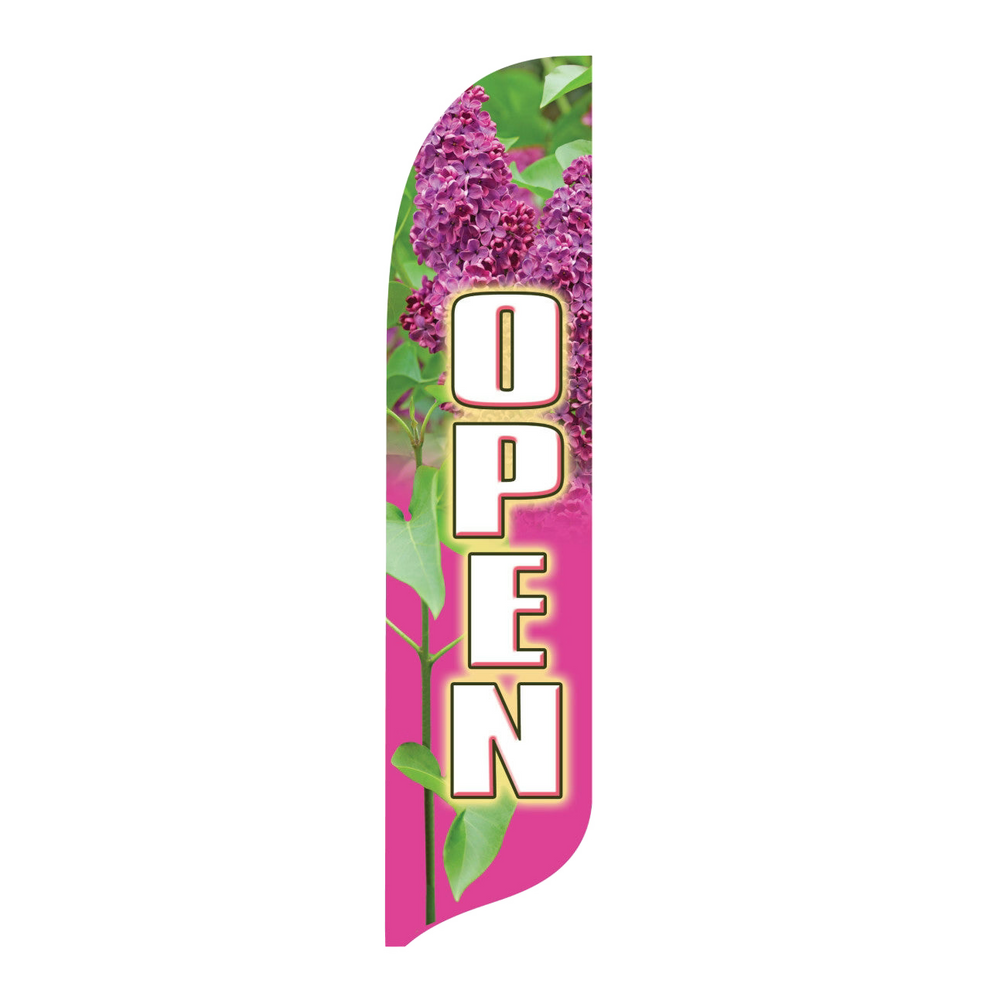 Floral-themed 'Open' swooper flag with pink background