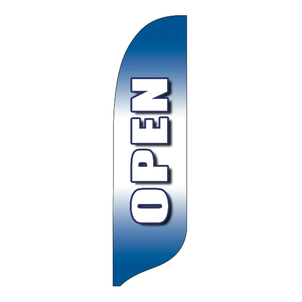 Blue feather flag with 'OPEN' text on a white background