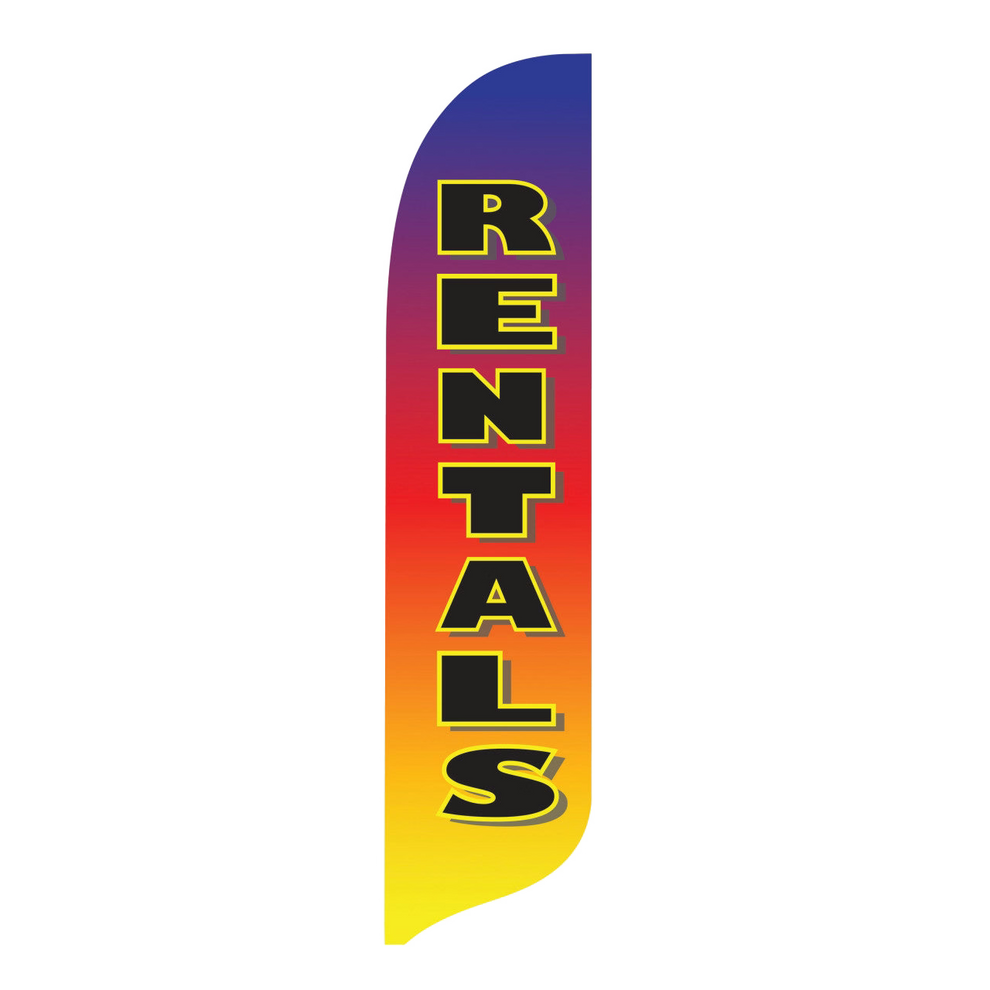 Colorful feather flag with 'RENTALS' text on a white background
