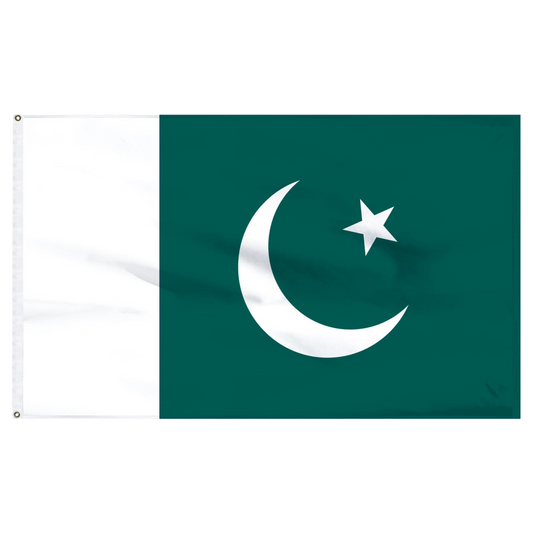 National flag of Pakistan featuring a vertical white stripe on the hoist and a dark green field with a central white crescent and star.