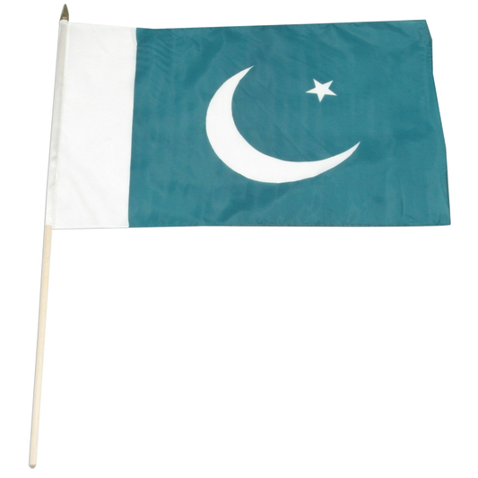 Pakistani stick flag with white crescent moon and star on a white background