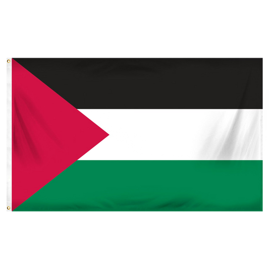 The national flag of Palestine, featuring three horizontal stripes in black, white, and green with a red triangle at the hoist, shown against a plain white background.