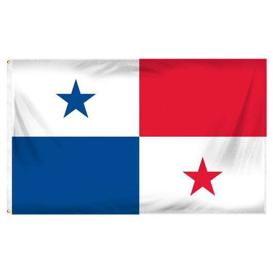 Flag of Panama with one blue block, one red block and two white blocks one with a blue star and one with a red star. 