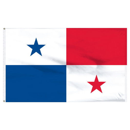 Flag of Panama with one blue block, one red block and two white blocks one with a blue star and one with a red star. 