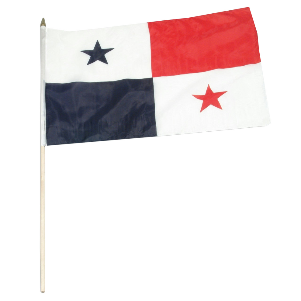 Flag of Panama with one blue block, one red block and two white blocks one with a blue star and one with a red star. 