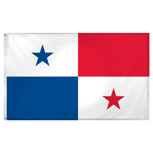 Flag of Panama with one blue block, one red block and two white blocks one with a blue star and one with a red star. 