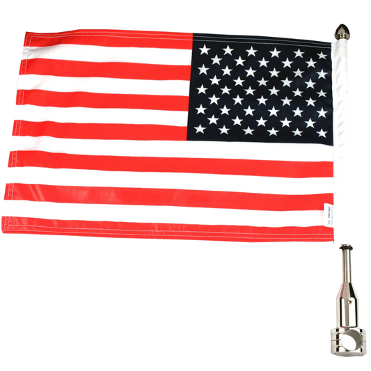 A motorcycle flagpole with an American flag