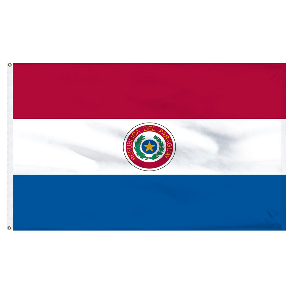 Paraguay flag with red, white, and blue horizontal stripes and a central emblem.