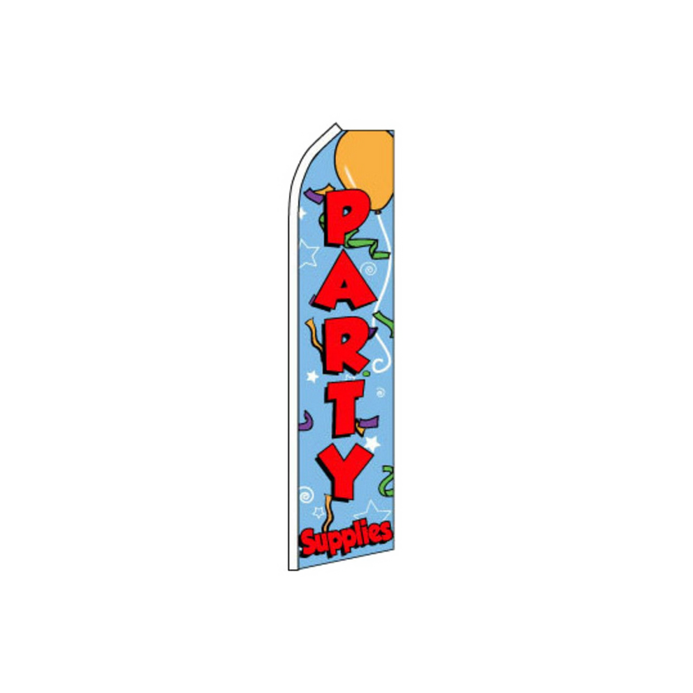 Swooper flag with 'PARTY Supplies' text and balloons on a blue background
