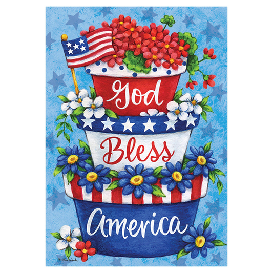 Decorative flag with patriotic elements and flowers on a blue background