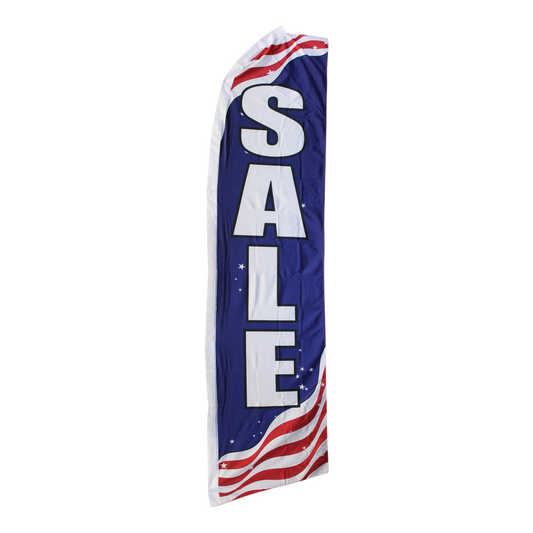 Navy blue feather flag with 'SALE' text and American flag design on a white background