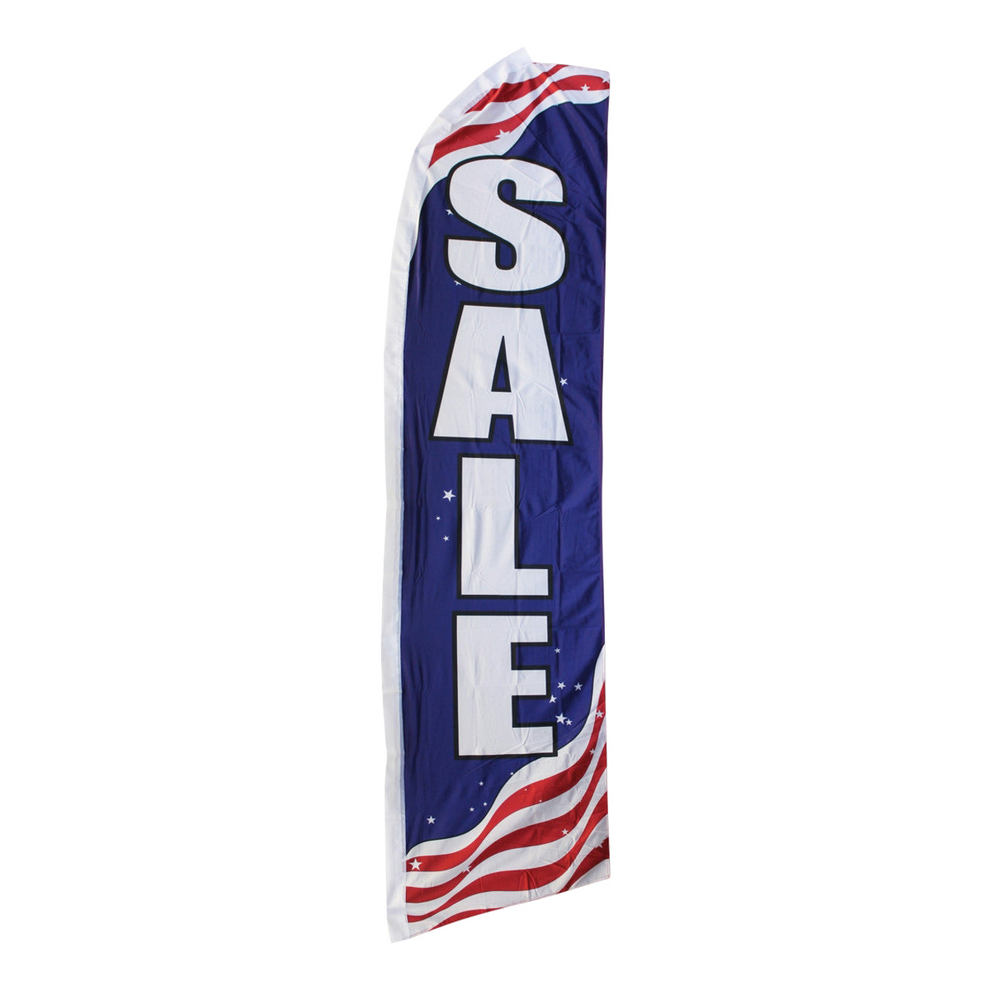 Navy blue feather flag with 'SALE' text and American flag design on a white background