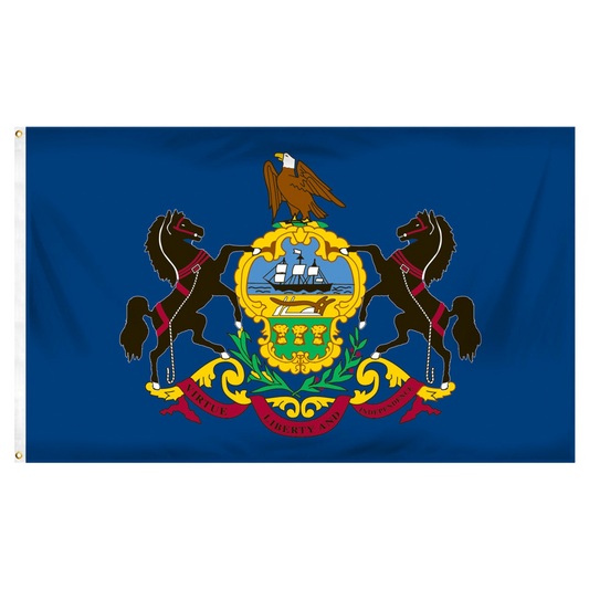 State of Pennsylvania with two black horses, an eagle, and a gold emblem with an image of a large sailboat ship on a blue canvas.