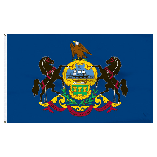 State of Pennsylvania with two black horses, an eagle, and a gold emblem with an image of a large sailboat ship on a blue canvas.