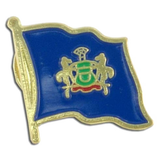 Blue Pennsylvania flag-shaped pin with gold border and emblem on a white background