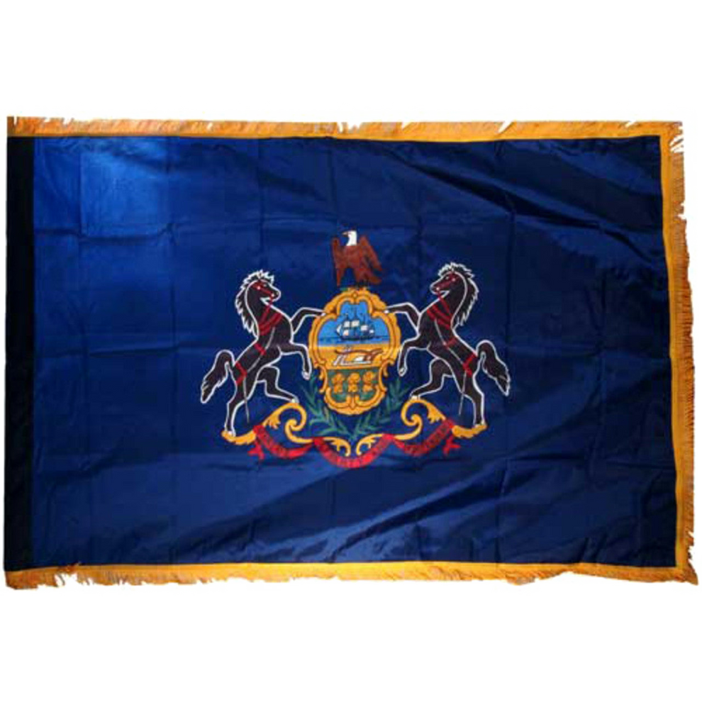 Pennsylvania flag with a coat of arms featuring an eagle and horses on a blue background