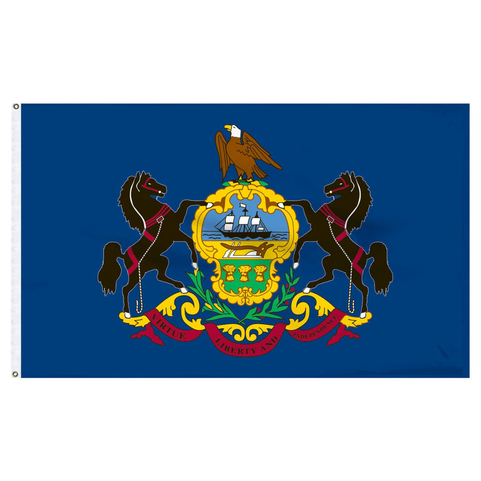 State of Pennsylvania with two black horses, an eagle, and a gold emblem with an image of a large sailboat ship on a blue canvas.