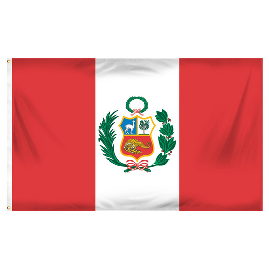National flag of Peru with a red and white background featuring a central emblem.