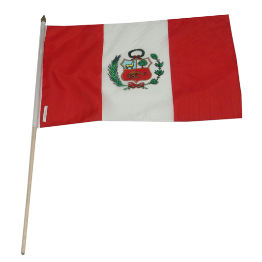 Peruvian flag on a stick with a white background