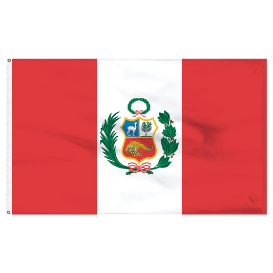Peru flag with a central emblem featuring a coat of arms on a red and white background
