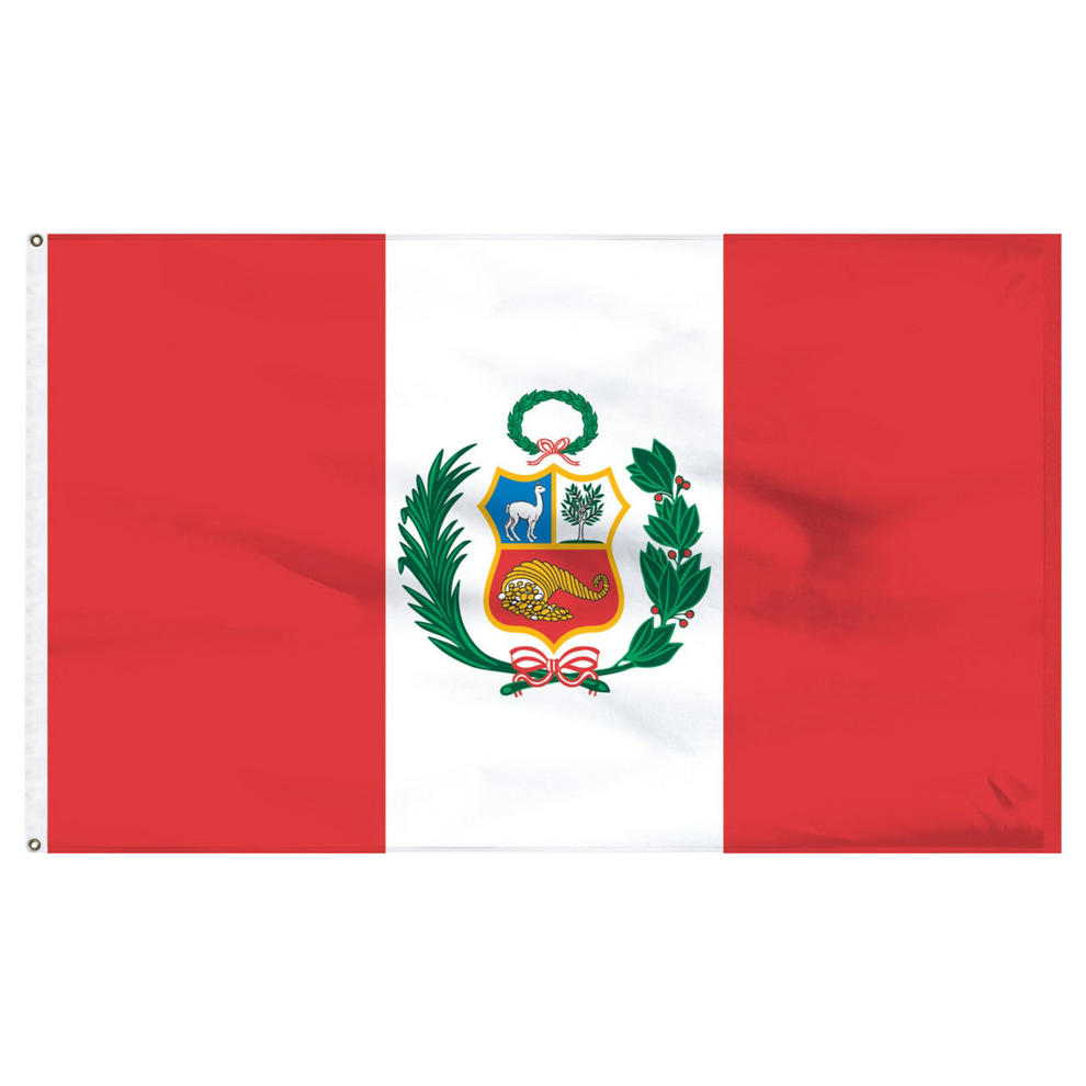 Peru flag with a central emblem featuring a coat of arms on a red and white background