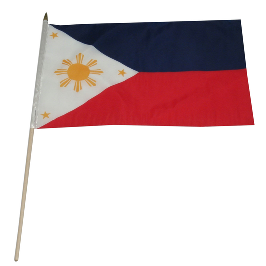Flag of the Philippines with a blue, white, and red background featuring a yellow sun and stars.