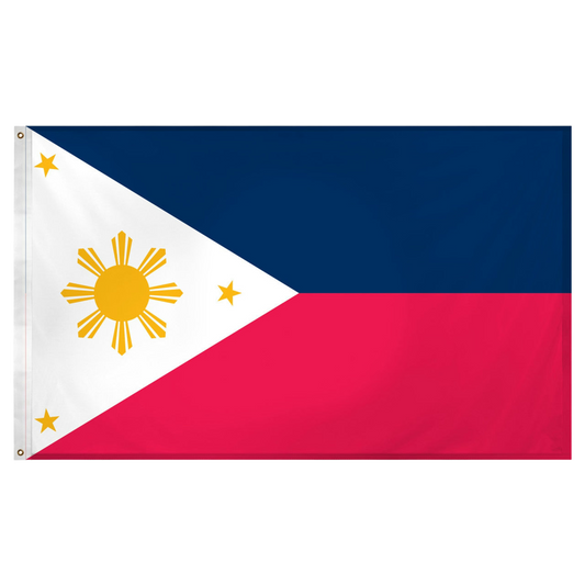 Flag of the Philippines with a blue, white, and red background featuring a yellow sun and stars.