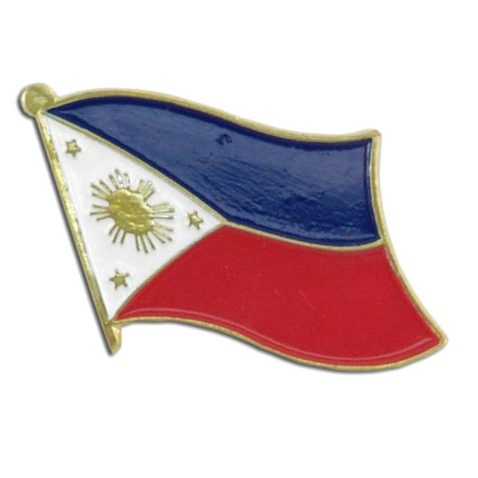 Pin with the design of the Philippine flag on a white background