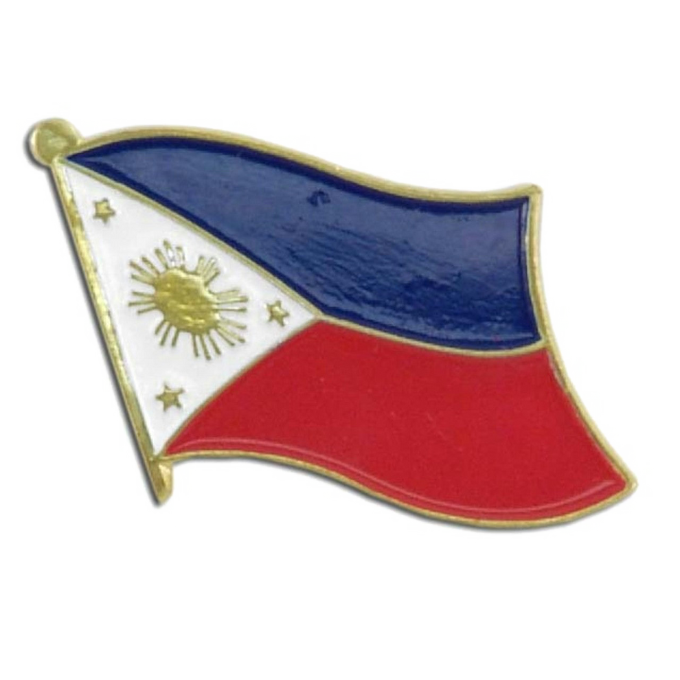 Pin with the design of the Philippine flag on a white background
