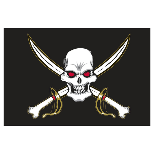 Pirate flag with skull and crossed swords on a black background