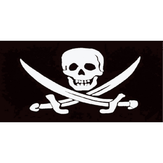 Pirate flag with white skull and swords on a black canvas