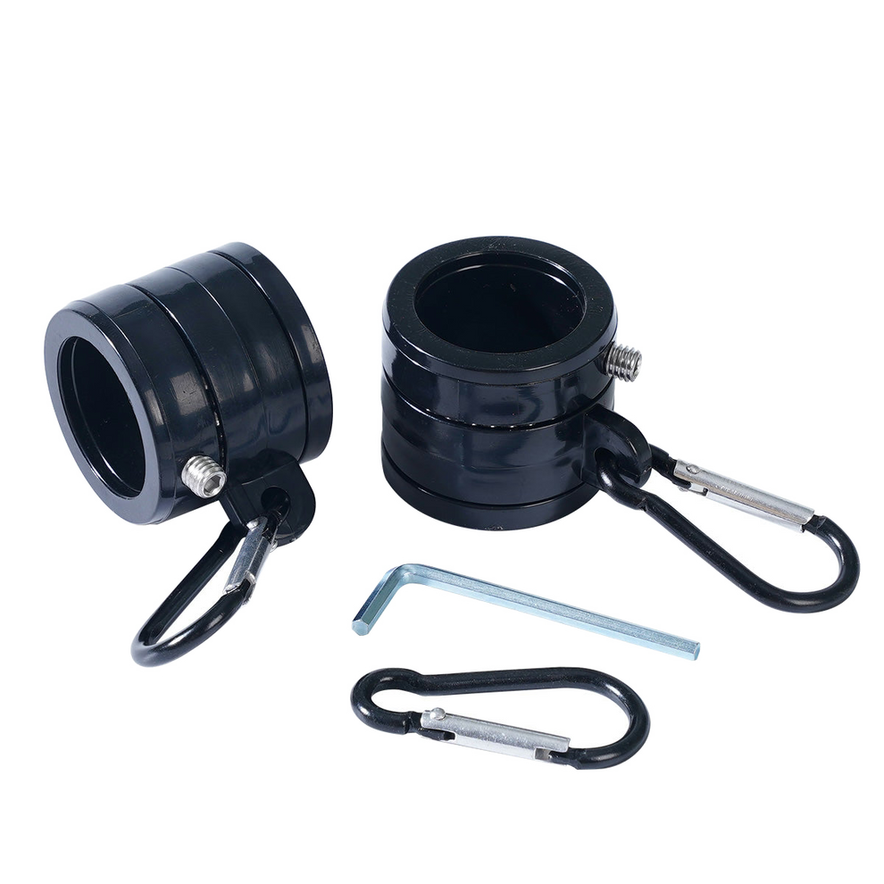 Black metal flag mounting rings featuring metal clamps with carabiners and a wrench on a white background