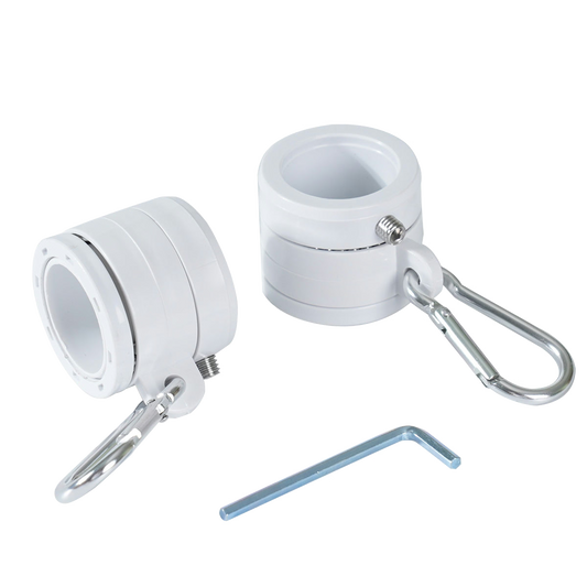 Two white flag mounting rings featuring metal clamps with carabiners and a wrench on a white background