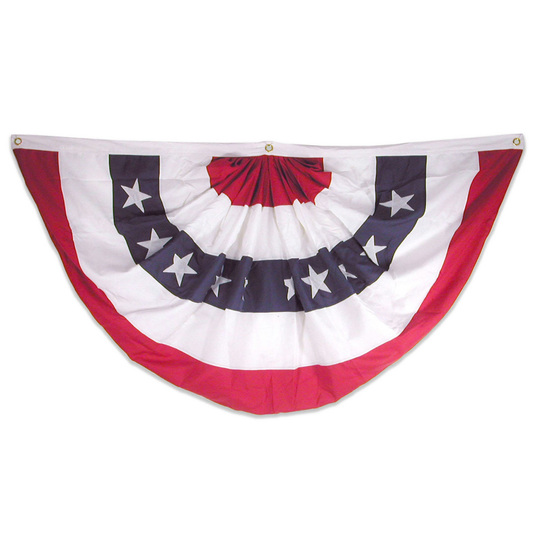 American flag-themed decorative bunting with red, white, and blue colors on a white background.