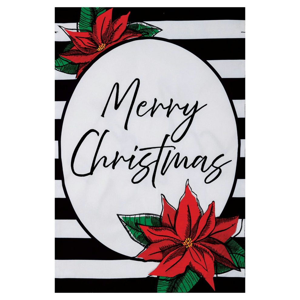 Christmas decorative garden flag with 'Merry Christmas' text, poinsettia flowers, and black and white striped border.