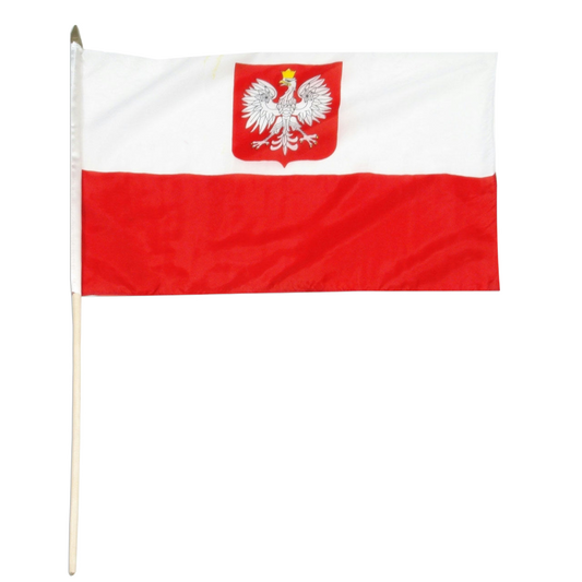 The flag of Poland with a top white half and a bottom red half.  This version of the Polish flag has the white eagle with crown on a red background in the white half of the flag.