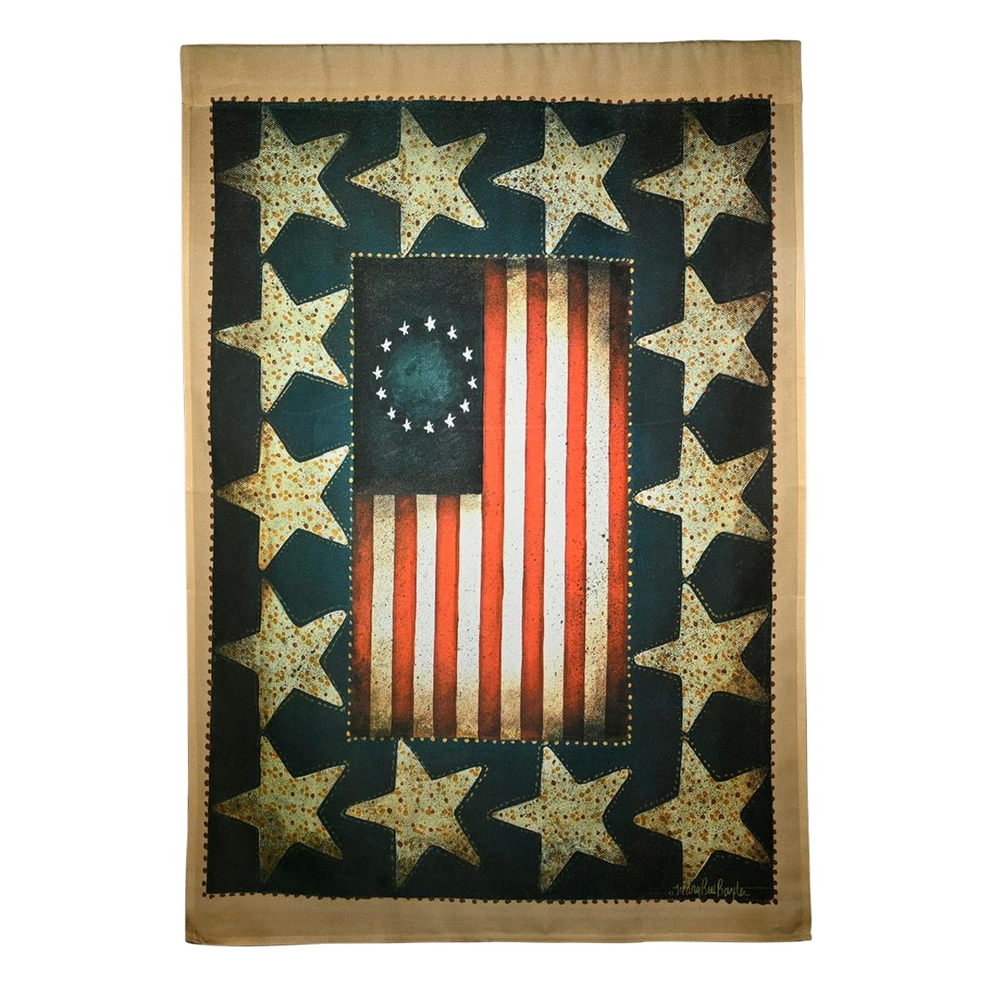 Decorative vintage-style American flag with stars on a black background