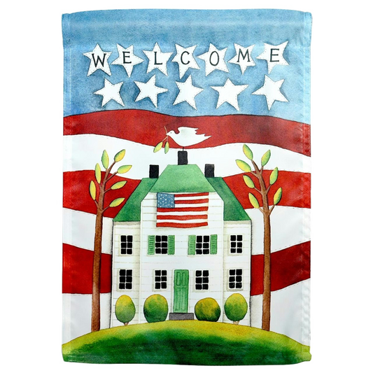 Decorative flag with a house, American flag, and 'Welcome' text on a blue background