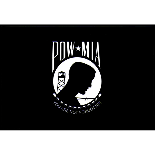 POW*MIA flag with silhouette of a prison tower and text on a black background