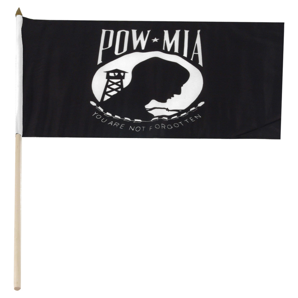 Black POW/MIA flag with white design on a white background