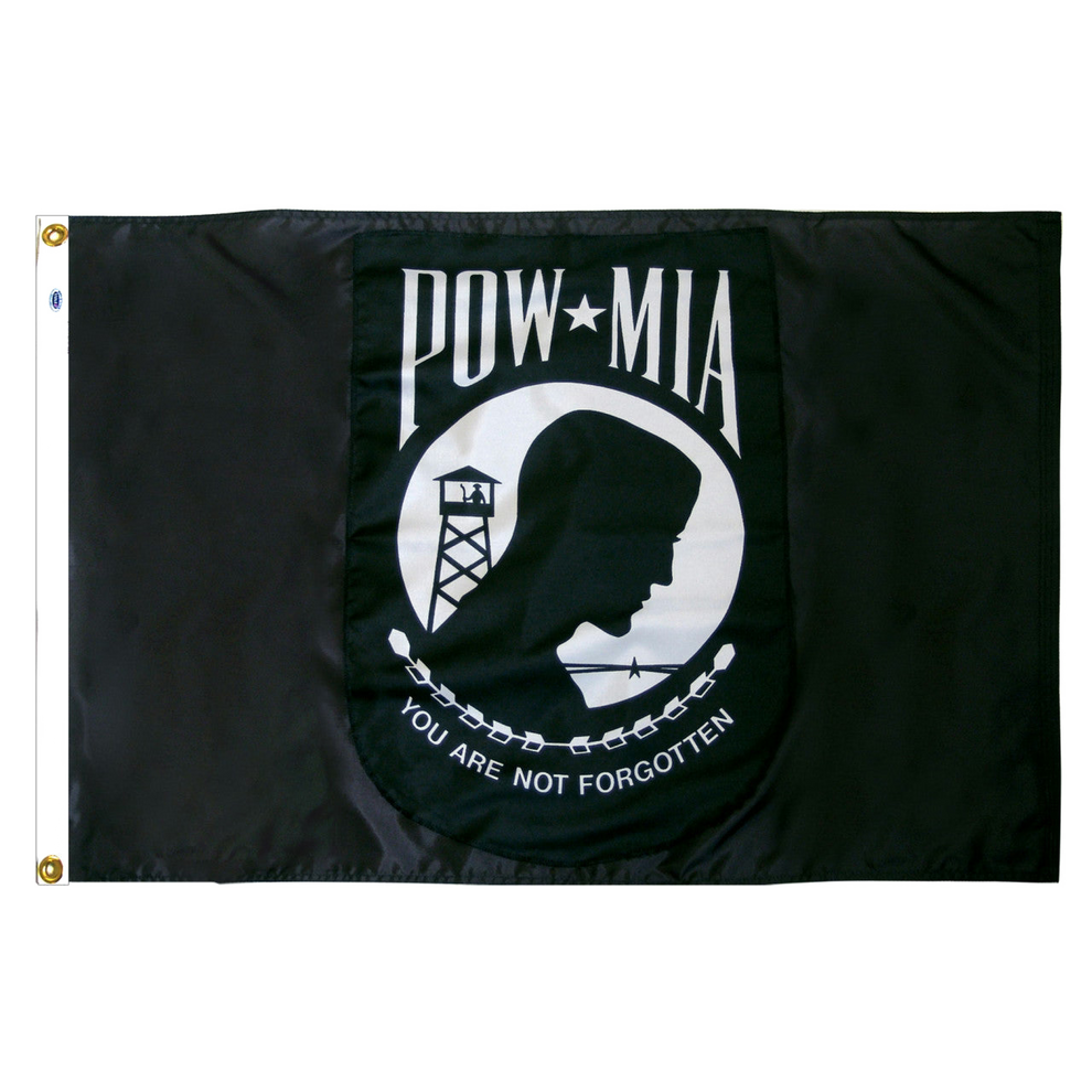 Black POW/MIA flag with white emblem and text on a white background