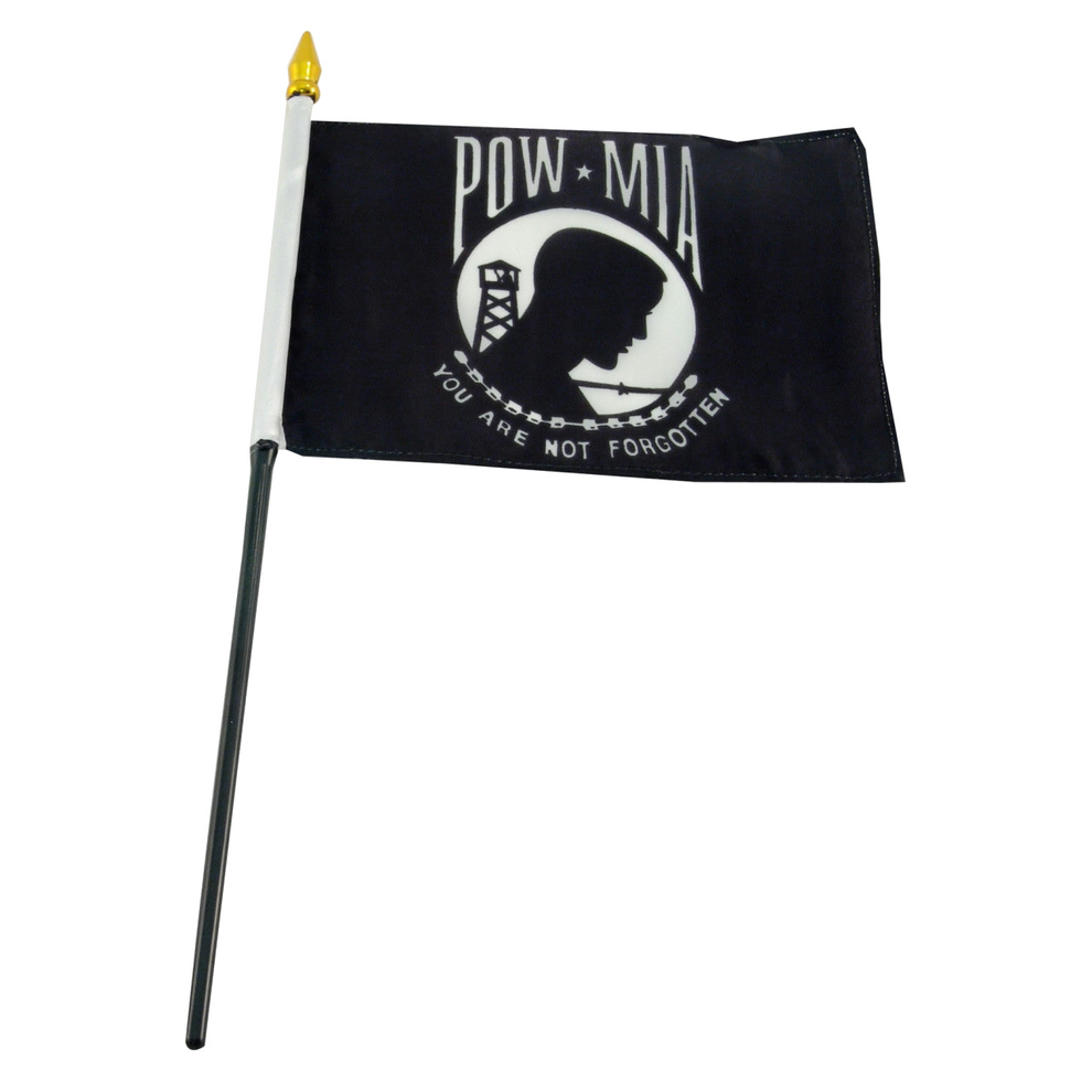 Black POW MIA stick flag with white emblem and text on a white background