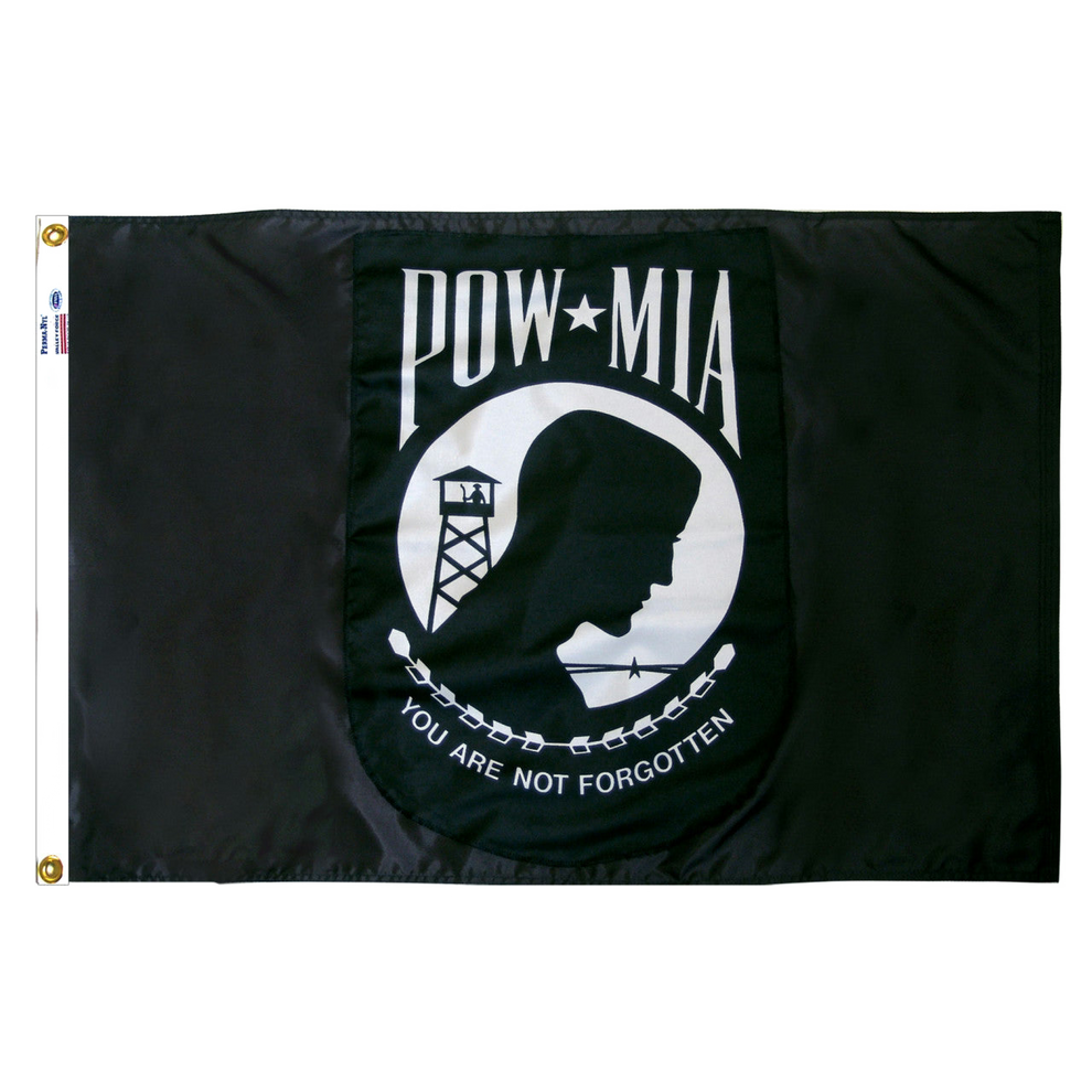 Black POW/MIA flag with white emblem and text on a white background