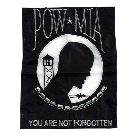 Black POW/MIA vertical banner flag with white emblem and text 'You Are Not Forgotten' on a white background
